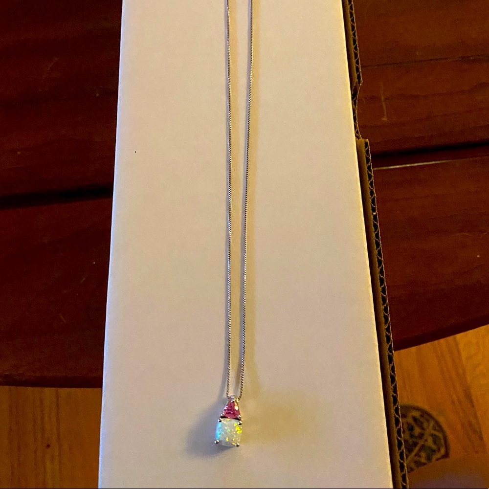 Opal and pink sapphire sterling silver necklace